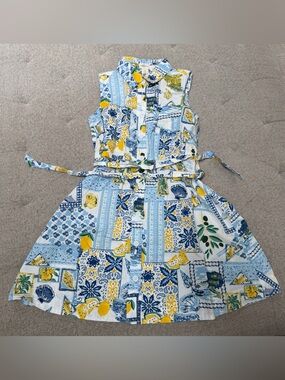 EUC CREWCUTS AMAFLI COAST BLUE AND WHITE SLEEVELESS SHIRT DRESS